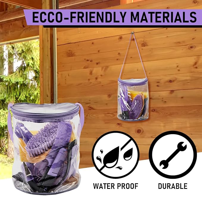 9 Pieces Horse Grooming Kit Tack Room Supplies Set with Organizer Tote Bag, Oval Massage Curry, Hard and Soft Brush, Hoof Pick, Sweat Scraper, Bathing Sponge, Combs for Horse Riders Beginners (Purple)-Mewly Pet