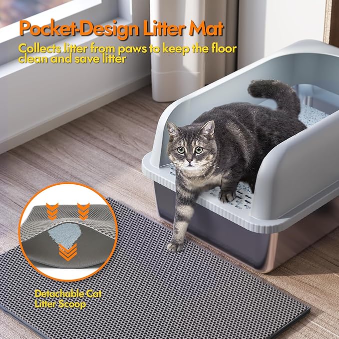 Stainless Steel Cat Litter Box with Lid, 24" L x 16" W x 11.8" H, Large Cat Litter Box for Multiple Cats with High Sided, No-Leak & Stick, Easy to Clean, Includes Litter Mat & Multi Functional Scoop-Mewly Pet