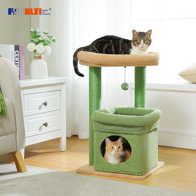 PEQULTI Cat Tree Cactus Cat Tower for Indoor Cats with Private Cozy Cat Condo, Natural Sisal Scratching Posts and Plush Pom-pom for Small Cats Green-Mewly Pet