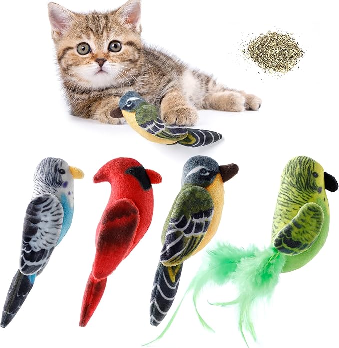 Dorakitten Cat Catnip Toys Interactive Cats 4pcs Kitten Plush Nip Chew Bird Toy with Crinkle Paper Pet Best Treats Stuffed Pillow Cute Teething Play Gifts Soft Kick Sound Supplies for Indoor Kitty-Mewly Pet