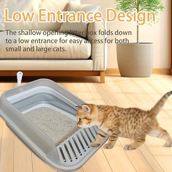 Collapsible Kitten Litter Box, Open High Sided Cat Potty Pan with Scoop Shallow Cat Toilet Anti-Splashing Low Entrance Travel Litter Box with Falling Sand Pedal for Kitty to Senior Cats-Mewly Pet