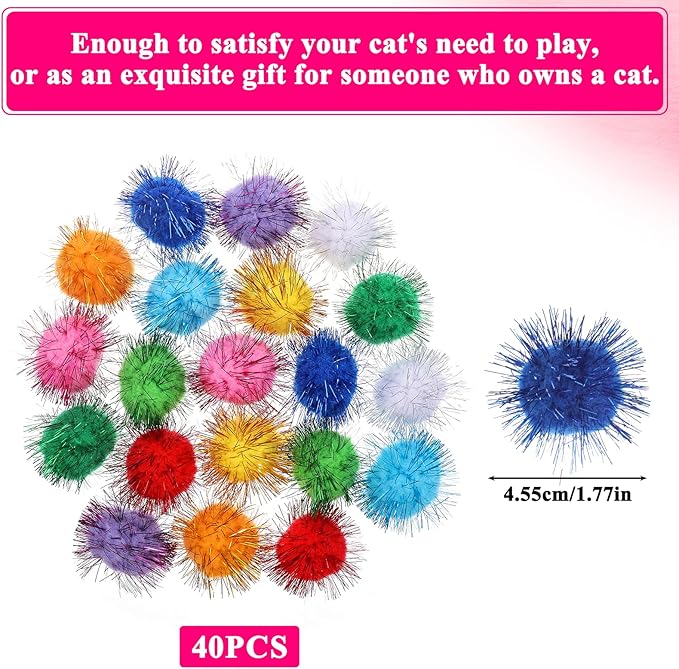 40 Pcs Pom Pom Balls for Kittens Colorful Pompom Balls for Cats Sparkle Ball for Cats Interactive Cat Toy Set for Exercise and Entertainment-Mewly Pet
