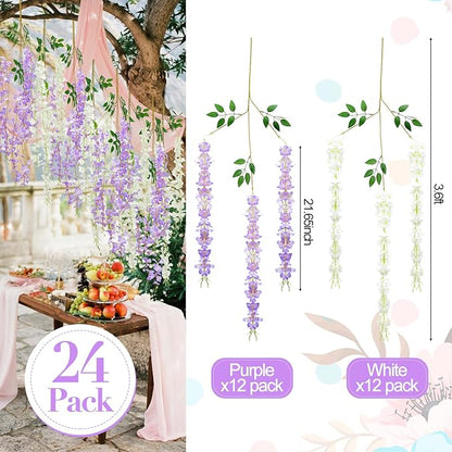 Giegxin 24 Pcs Artificial Wisteria Hanging Flowers 3.6 ft Artificial Fake Wisteria Vine Rattan Hanging Garland Silk Flowers String for Wall Home Wedding Party Greenery Decorations (Purple,White)