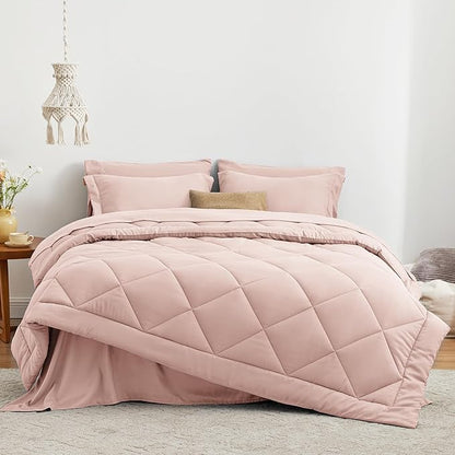Love's cabin Twin Comforter Set Pink, 5 Pieces Twin Bed in a Bag, All Season Bedding Sets with 1 Comforter, 1 Flat Sheet, 1 Fitted Sheet, 1 Pillowcase and 1 Pillow Sham