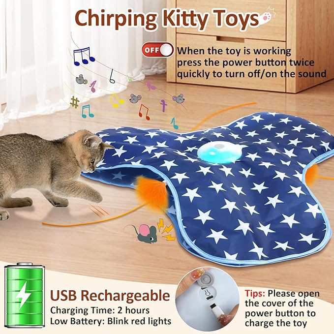 Interactive Cat Toy Rechargeable, Cat Exercise Toys for Indoor Bored Adult Cats, Hide and Seek Toy with Motion Activated, Moving Feather, Chirping-Mewly Pet
