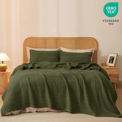 PHF 100% Cotton Waffle Weave Blanket King Size for Bed, Soft Lightweight & Breathable, All-Season Comfort, Luxury Aesthetic Woven Bedding for Home Decor, 108"x90", Capulet Olive
