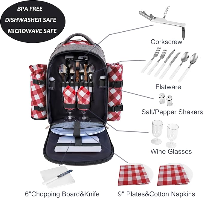apollo walker Picnic Backpack Bag with Cooler Compartment, Detachable Bottle/Wine Holder, Fleece Blanket, Plates and Cutlery Set (2 Person, Gray)-Mewly Pet