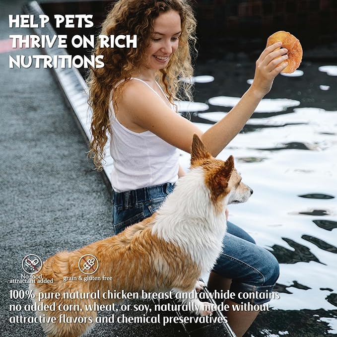 ASMPET Dog Treats Chews, Chicken Wrapped Rawhide Donuts Dental Care Chews for Small Medium Large Breed Aggressive Chewers (Pack of 4)-Mewly Pet