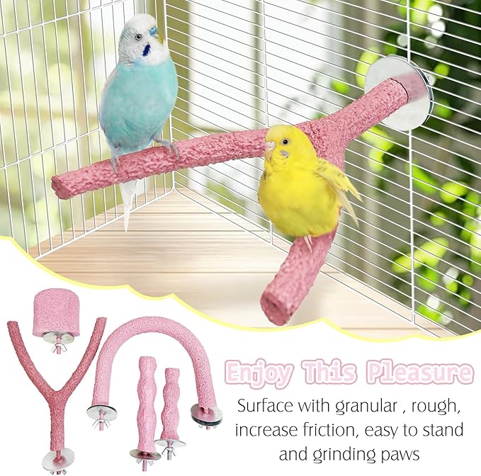 PINVNBY 5 Pack Bird Perch Resin Bird Beak Grinding Stone Parrot Cage Perch Stand Platform Foot Claws Trimmer Chew Toy Bird Cage Accessories for Budgie Cockatiel Conure Lovebird Finch (Pink)-Mewly Pet
