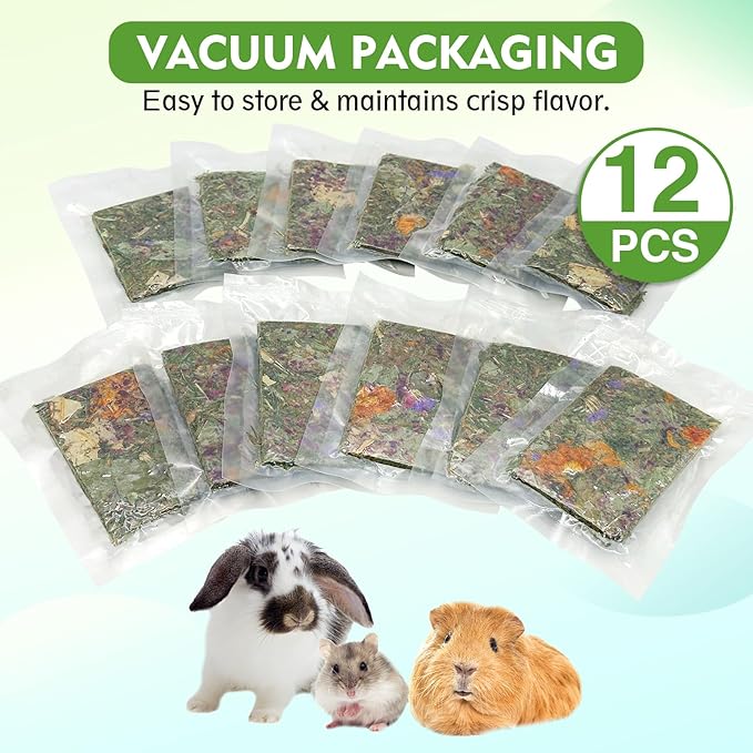Fhiny 12 PCS Rabbit Timothy Hay Chips Toys, Natural Bunny Molar Treats with Herbal Flowers Rabbit Chew Toys for Teeth Small Animal Snacks for Rats Chinchillas Guinea Pigs Hamsters-Mewly Pet