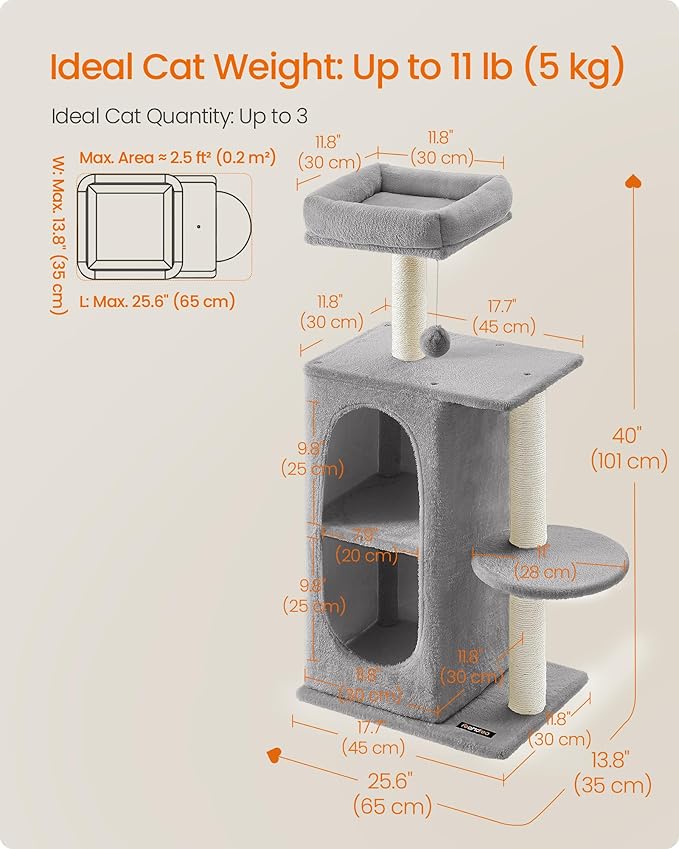 Feandrea Cat Tree Tower with 2 Caves for Multi-Cat Households, Kittens, Scratching Posts, Light Gray UPCT005G01-Mewly Pet