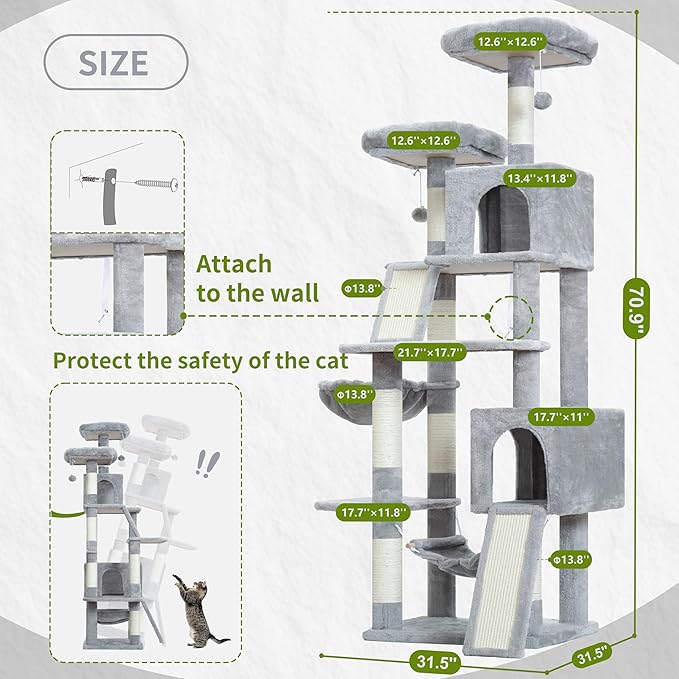 Cat Tree for Indoor Cats, 71'' (180cm) Multi-Level Cat Tower for Large Adult, Sturdy Cat Tree House with 2 Scratching Boards 7 Posts, 2 Plush Perches/Condos, Hammock, Light Gray GCT032W-Mewly Pet