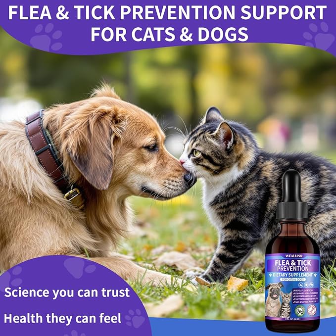 Flea and Tick Prevention Support for Cats and Dogs Natural Flea Treatment Drops with Multivitamin for Pets Oral Natural Supplement Flea and Tick Treatment Drops for All Breeds and Ages-Mewly Pet