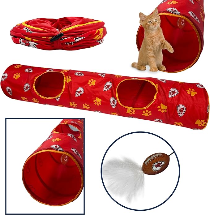 NFL Kansas City Chiefs Cat Tunnel Tube Toy with Plush Football Catnip and Feathers Collapsible Tunnel for Cats to Play, Peek and Hide, Sporty & Fun Cat Tunnel Toy with Team Logo All-Over Design!-Mewly Pet