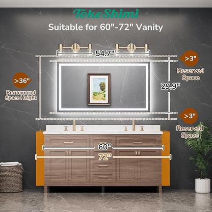 TokeShimi 55x30 LED Bathroom Vanity Mirror with Lights,Front Lit + Backlit LED Bathroom Mirror,3 Colors Stepless Dimmable,Anti-Fog,Tempered Glass,Memory Function,Waterproof,UL Listed