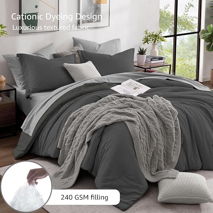 Monbix California King Comforter Set - 7 Pieces Cationic Dyeing Dark Grey Bed in a Bag Cal King Bed Sets with Comforter, Sheets, Pillowcases & Shams, Reversible Bedding Comforters Sets (108 * 92)