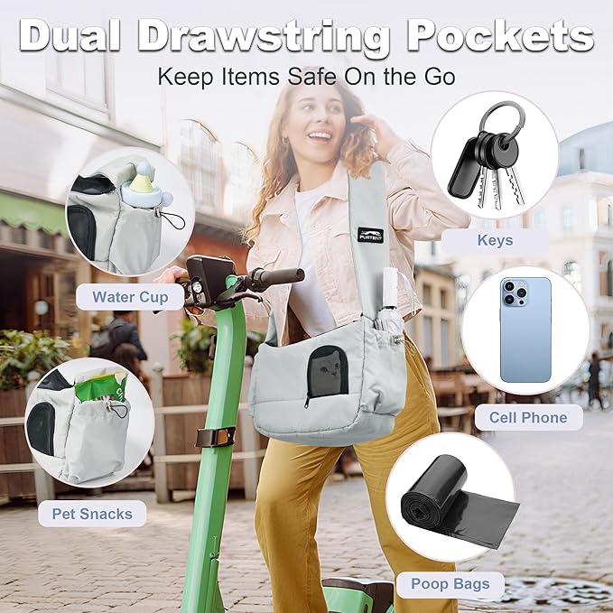 Cat Sling, Dog Carriers for Small Dogs up to 8.8 lbs Kitten and Puppy, Breathable Cats Carrier Pouch Pet Purse with Pockets, Hands-Free Pet Carrier with Safety Harness for Travel, Gray-Mewly Pet