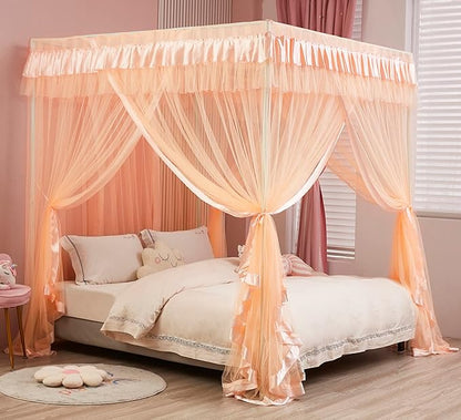 Mengersi Canopy Bed Curtains for Girls Kids - Bed Canopy for Girls Bed Drapes Mosquito Net - Cute Princess Bedroom Decoration Accessories(Full, Peach)
