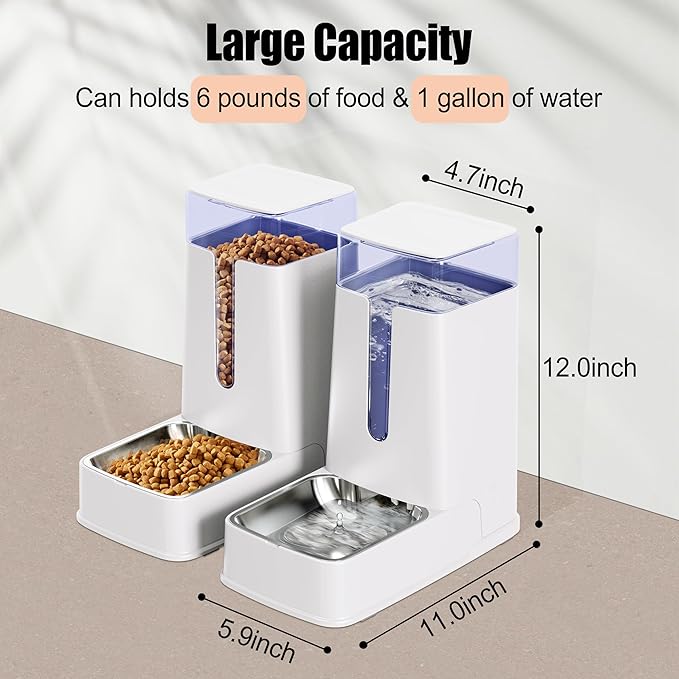 Automatic Cat Feeder and Cat Water Dispenser Set with Stainless Steel Bowls Gravity Dog Feeder for Small Medium Big Dog Pets Puppy Kitten, 3.8L x 2-Mewly Pet