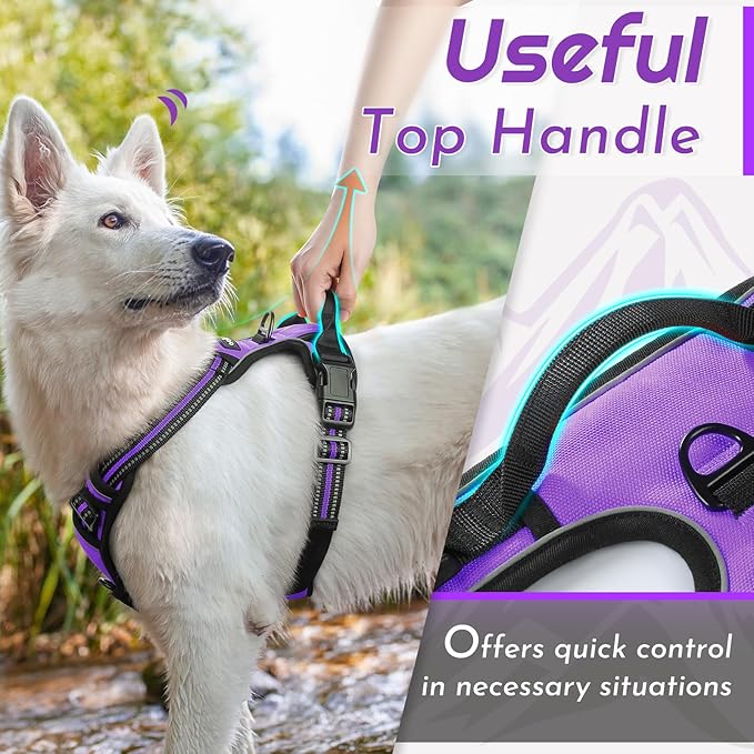 Eagloo Dog Harness for Large Dogs, No Pull Service Vest with Reflective Strips and Control Handle, Adjustable and Comfortable for Easy Walking, No Choke Pet Harness with 2 Metal Rings, Purple, L-Mewly Pet