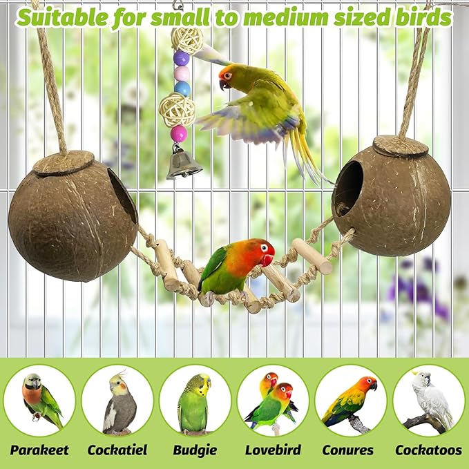 kathson 5Pcs Bird Coconut House with Ladder Parakeet Coconut Nest for Cages Parrot Hut Hanging Natural Coconut Fiber Conure Chewing Toys for Cockatiel Budgie Lovebird Cockatoos-Mewly Pet