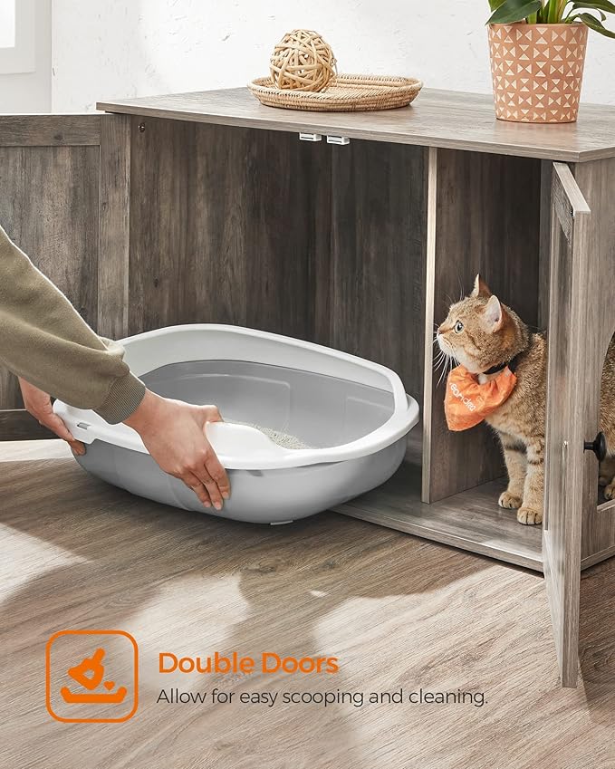 Feandrea Cat Litter Box Enclosure, Litter Box Furniture Hidden with Removable Divider, Indoor Cat House, End Table, 31.5 x 20.9 x 19.7 Inches, Greige UPCL002G01-Mewly Pet