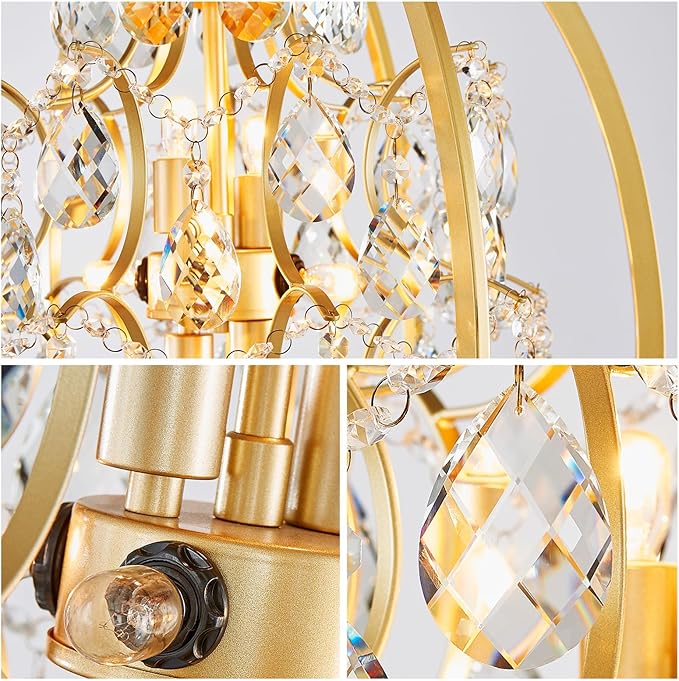 WUZUPS Globe Crystal Chandelier Raindrop Pendant Flushmount Ceiling Light Modern Lighting Fixture for Bedroom Hallway Bar Kitchen Bathroom, H 23.6" x W 19.7", Gold, 8 E12 Base