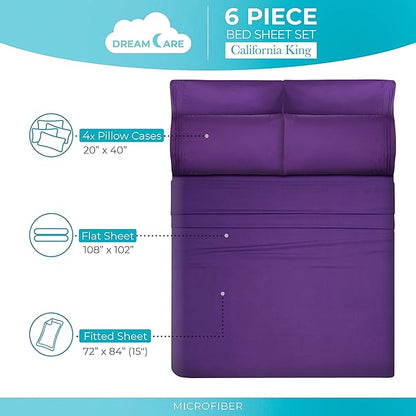 DREAMCARE California King Sheet Sets – 6 pcs Cooling Bed Sheets – up to 15” Deep Cal King Sheets – 2500 Supreme Collection – Extra Soft 100% Brushed Microfiber Hotel Luxury with Side Pocket – Purple
