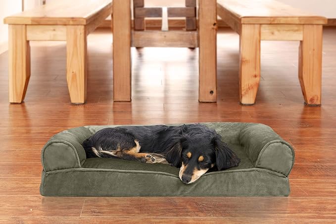 Furhaven Pillow Dog Bed for Medium/Small Dogs w/ Removable Bolsters & Washable Cover - Faux Fur & Velvet Sofa - Dark Sage, Medium-Mewly Pet