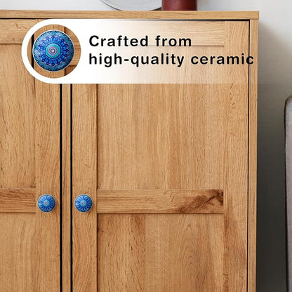 Handmade Blue Mandala Design Ceramic Stone Cabinet Knobs, Vintage Decorative Drawer Pulls for Trendy Cabinets, Modern Dressers & Cupboards, Knobs for Kitchen & Furniture-Set of 6