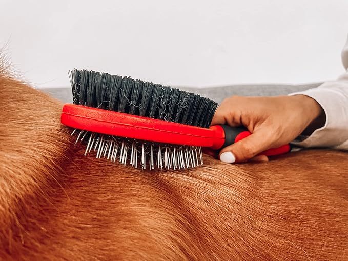 Tuff Pupper Double Sided Dog Brush, Detangling Tool for Dogs and Cats, Pin & Bristle Pet Brush, for and Hair Types, With Comfort-Grip Anti-Slip Handle, Brown, Black, White-Mewly Pet