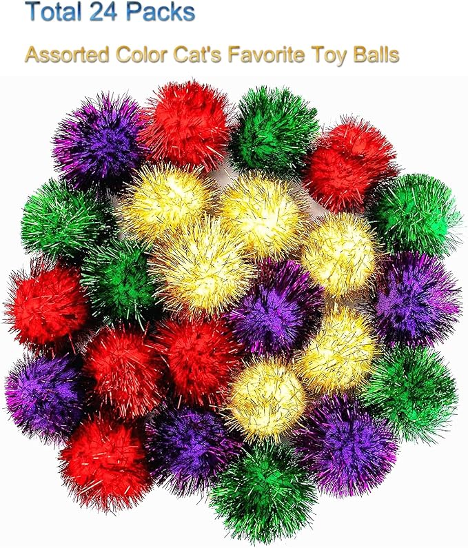 AUEAR, 24 Pack 2 Inch Extra Large Sparkle Cat Ball Glitter Tinsel Pom Pom Balls for Kittens (4 Assorsted Colors)-Mewly Pet