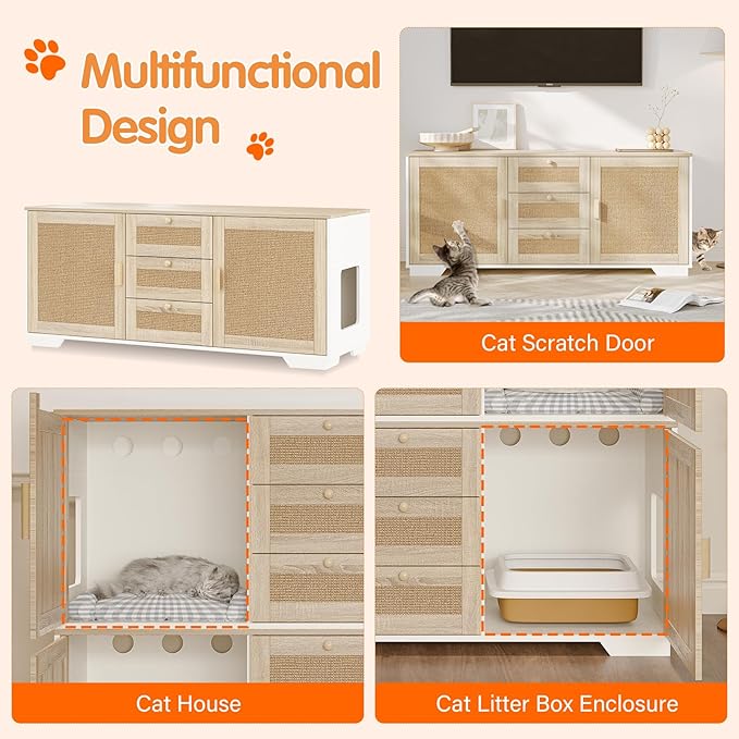Cat Litter Box Enclosure Furniture Hidden Indoor 2-in-1 Wooden Cat & Washroom Cabinet with Scratching Board Doors and 3 Drawer for 2 Cats, 55"x20"x24"H-Mewly Pet