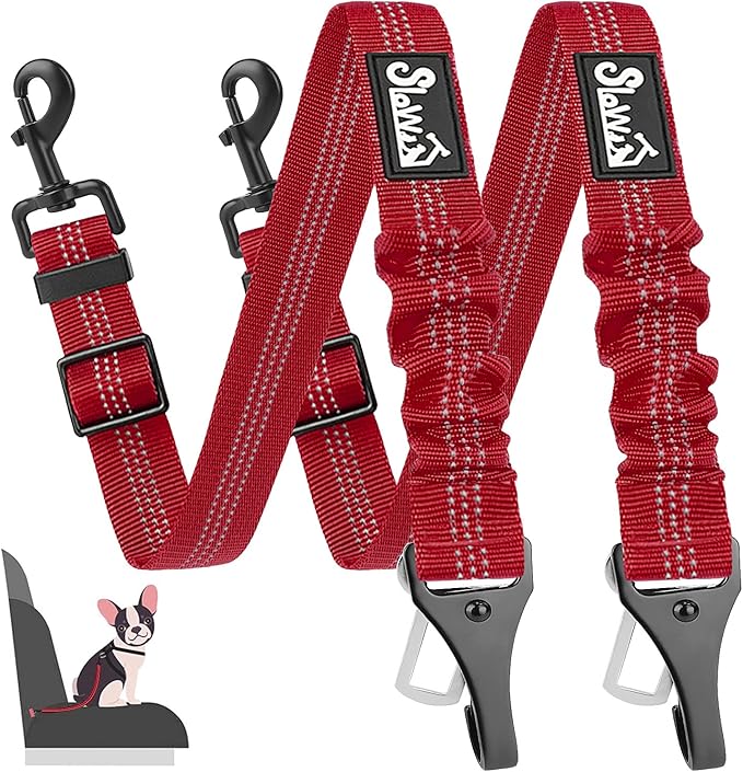 SlowTon 2 Pack Dog Seat Belt, 2 in 1 Attachment, Hook Latch Bar or Seatbelt Buckle with Elastic Nylon Bungee Buffer Adjustable Reflective Nylon Safety Belt Tether Connect to Dog Harness (2pack-R)-Mewly Pet