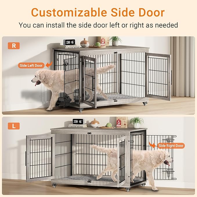 Lulive Dog Crate Furniture, XL Wooden Dog Kennel Indoor Double Doors Dog Cage, 44'' Heavy Duty Dog Crate with Cushion & Wheels, Decorative End Table Chew-Resistant for Extra Large/Medium, Grey-Mewly Pet