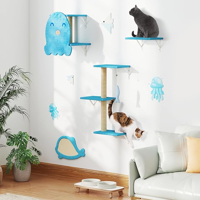 COZIWOW 4-Piece Wall-Mounted Cat Tree Set – Sturdy Wood Pet House, Scratching Board, Platforms, Sisal Posts & Blue Fish Charm – Ocean Blue-Mewly Pet