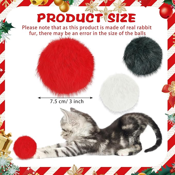 LEIFIDE 12 Pieces Real Rabbit Fur Pom Pom Kitty Cat Toy Fluffy Cat Balls Soft Fuzzy Balls for Kitty Pets Kitten Chase Quiet Play, 3 Inches in Diameter(Red,White,Green)-Mewly Pet