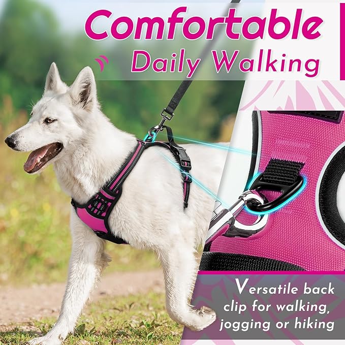 Eagloo Dog Harness Large Breed, No Pull Service Vest with Reflective Strips and Control Handle, Adjustable and Comfortable for Easy Walking, No Choke Pet Harness with 2 Metal Rings, Rose Red, XL-Mewly Pet