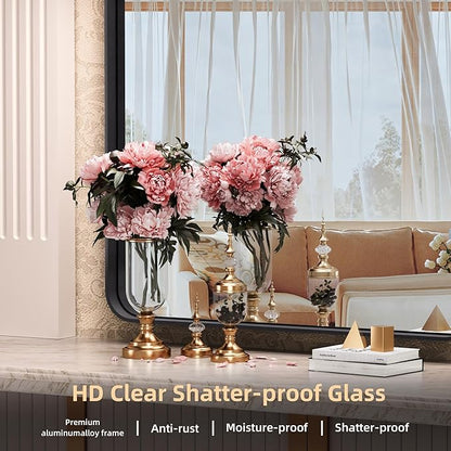 Hasipu Black Bathroom Wall-Mounted Mirror 59x39 Inch Rounded Rectangle Vanity Mirror Metal Framed Wall Mirrors Anti-Rust Surface Mount (Hangs Horizontal or Vertical)