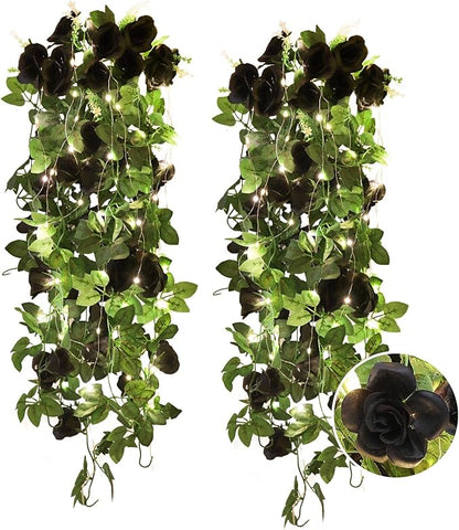 RECUTMS Hanging Flowers Black Artificial Rose Flower 2PCS 3.3Ft for Outdoors with 30 LED Fairy String Lights Fake Indoor Wall Wedding (Black)
