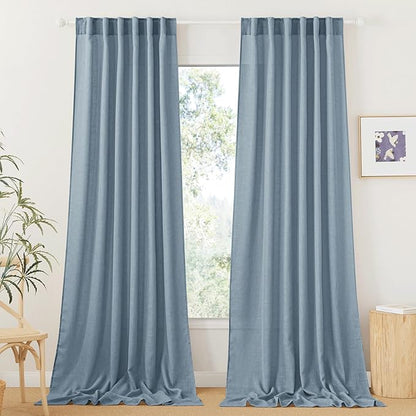 RYB HOME Semi Sheer Curtains for Living Room Dining Room, Linen Texture Window Decor Sun Protection Modern for Bathroom Doorway, W 52 x L 102 inch, 2 Pcs, Dusty Blue