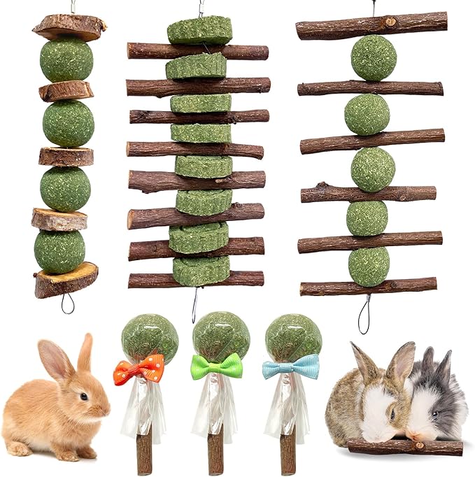 3 Pcs Bunny Chew Toys with 3 Pcs Rabbit Chew Lollipop for Teeth Grinding, Improve Dental Health, Treats for Rabbits Guinea Pigs Chinchillas Bunnies Hamsters-Mewly Pet