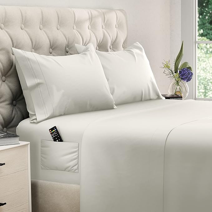 DREAMCARE Twin XL Sheet Sets - 4pc Cooling Sheets XL Twin Sheets - up to 21” Deep Pocket – Hotel Luxury Extra Long Twin XL Bed Sheets 100% Brushed Microfiber with Side Pocket - Ivory