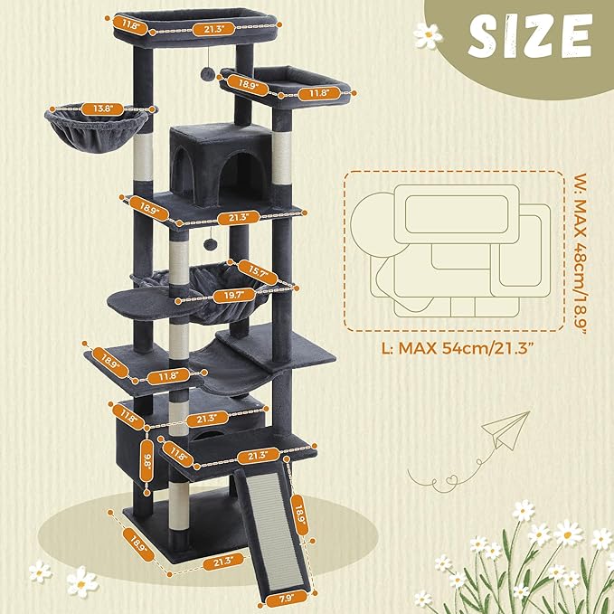81 Inch Tall Cat Tree for Big Cats & Multi-Cat Homes, Large Heavy Duty Cat Tower with Metal Frame Hammock, 6 Scratching Posts, 2 Condos, 2 Perches, Scratching Pad - Dark Grey-Mewly Pet