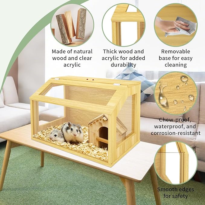 24" Wooden Hamster Cage, Chewproof Gerbil Cages and Habitats, Openable Top Roof Window with Silencing Pad, Guinea Pig Cage for Small Animals, Dwarf and Syrian Hamster, 24 x 16 x 16 Inches-Mewly Pet