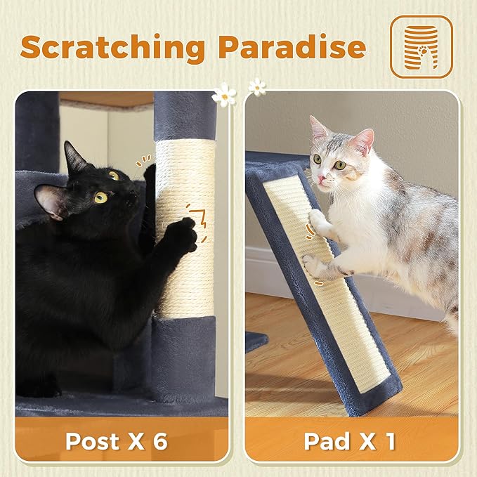 81 Inch Tall Cat Tree for Big Cats & Multi-Cat Homes, Large Heavy Duty Cat Tower with Metal Frame Hammock, 6 Scratching Posts, 2 Condos, 2 Perches, Scratching Pad - Dark Grey-Mewly Pet