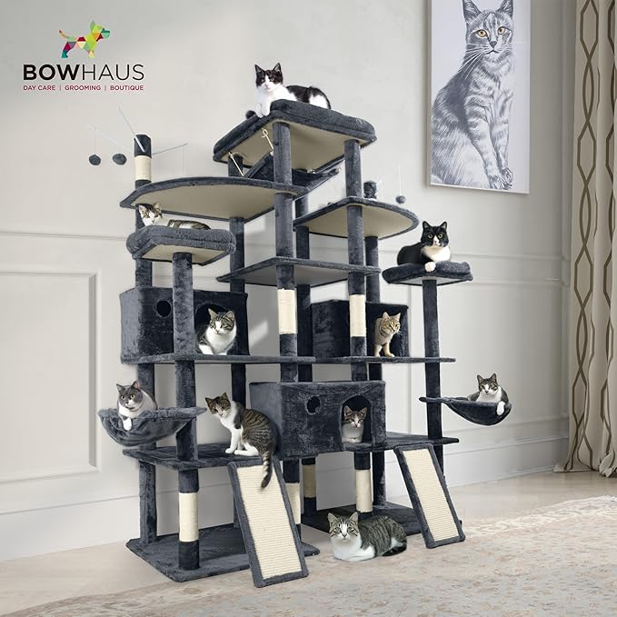 Extra Large 80-Inch Tall Cat Tree w/Widened Perch for Large Cats, Big Cat Tower Indoor, Modern Multi-Level Activity Tower with Scratching Posts, Condos, Baskets, Hammock, Scratching Ramps-Mewly Pet