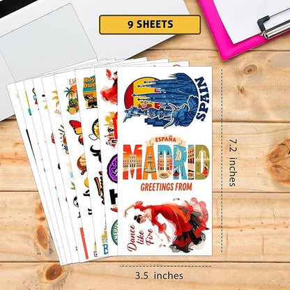 100 PCS Spain Travel Stickers Pack, España Vinyl Waterproof Stickers of Madrid Catalunya Landmarks Flamenco Food and Culture, 9 Sheets for Laptop Water Bottle Scrapbook