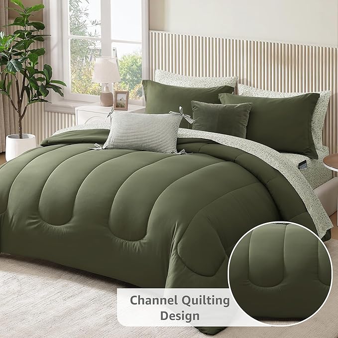 Monbix King Size Comforter Set - 7 Pieces Bed in a Bag King, Olive Green Track Stitching Bedding Sets, All Seasons Down Alternative Comforter Bed Set with Sheets, Pillowcases & Shams
