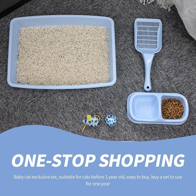 PAWISE Cat Litter Box Set, Small Cat Kitten Starter Kit, Include Cats Toilet Kitten Litter Pan, Cat Litter Scoop, Double Dish Cat Bowl, Cat Mouse Toy, Cat Ball Toy-Mewly Pet